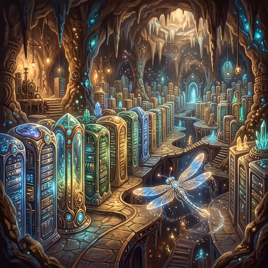 A whimsical underground cavern filled with tall, glowing server cabinets and a luminous mechanical dragonfly.
