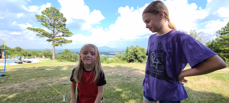 Two kids standing on a mown lawn on a bright summer day, a badminton net strung at the left edge of the frame, a pine tree and a hazy valley behind them.