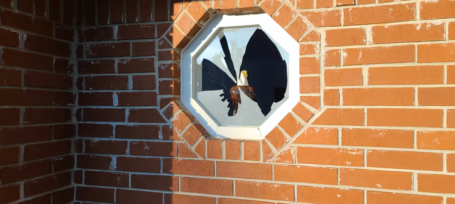 The octagonal window from outside in late sun, jagged shards left in the frame, a painted bald eagle figurine standing on the sill behind the hole.