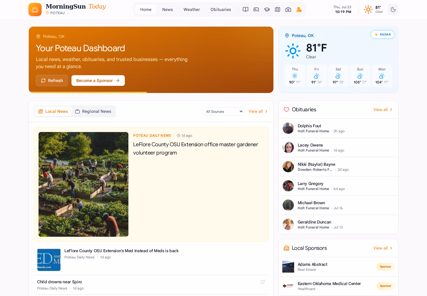 MorningSun.Today dashboard with Poteau news, weather, obituaries, and local sponsors