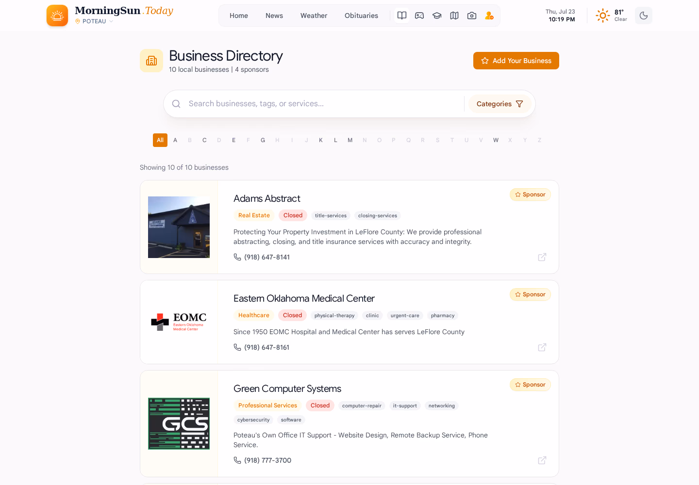MorningSun.Today searchable local business directory