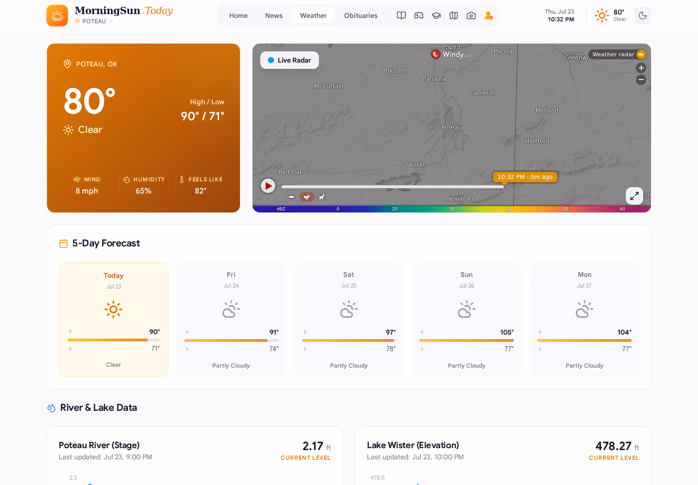 MorningSun.Today weather page with current conditions, radar, forecast, and river data