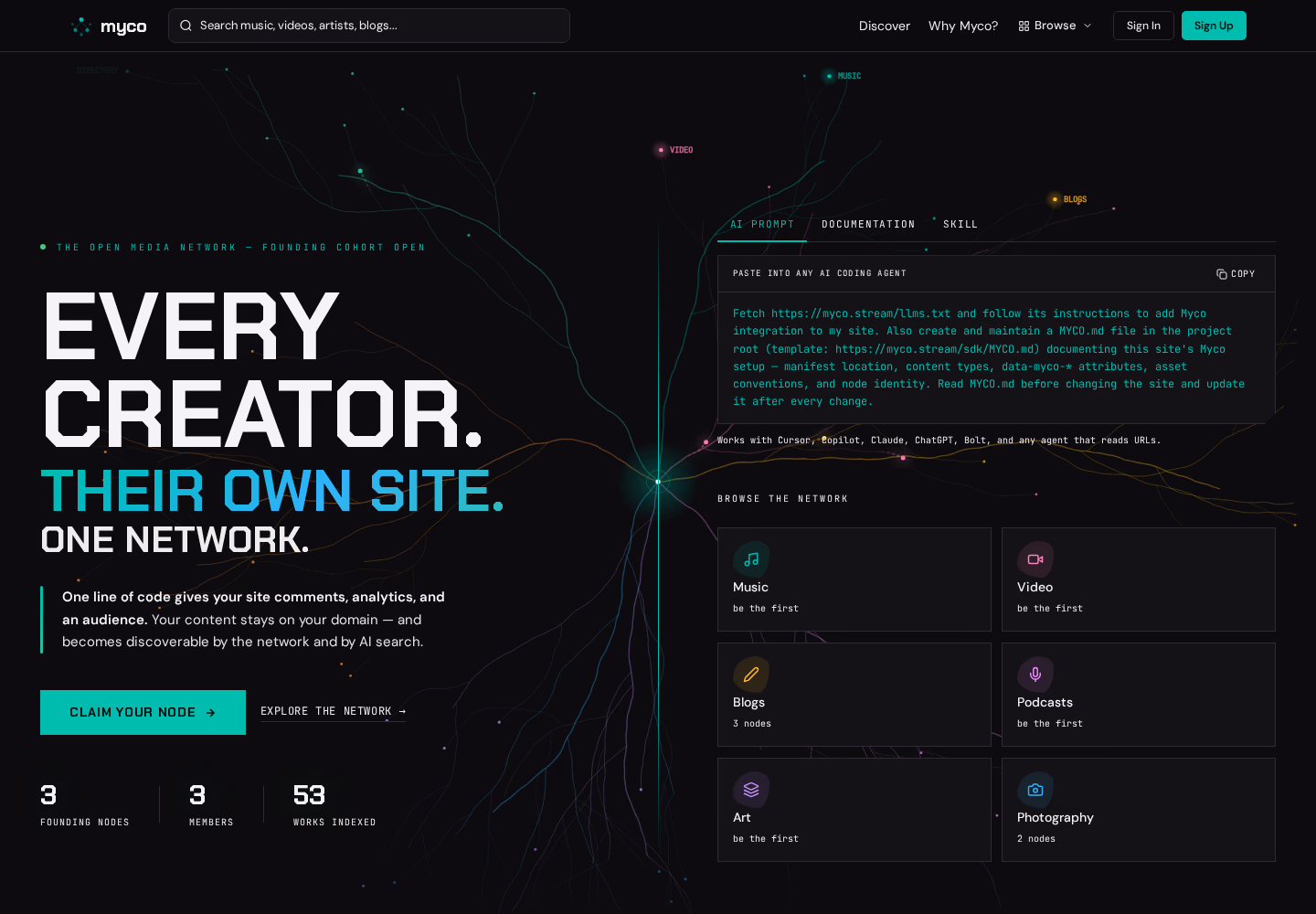 Myco homepage showing the open media network and publisher integration