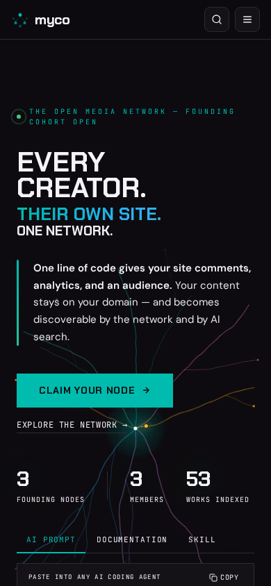Myco homepage on a mobile phone