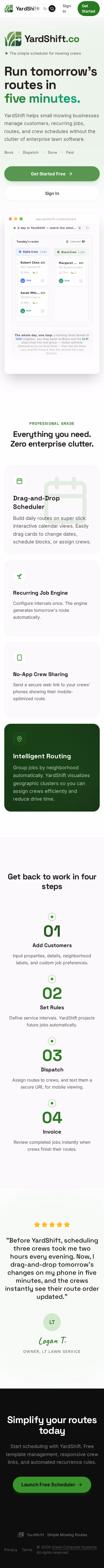 YardShift landing page on a mobile phone