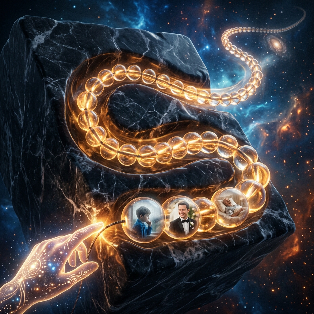Conceptual sculpture of human life represented as glowing glass beads on a thread winding through a cosmic marble block.